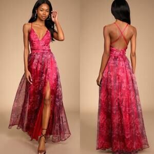 Lulus Romance That Wows Magenta Floral Print Organza Maxi Dress Size Small